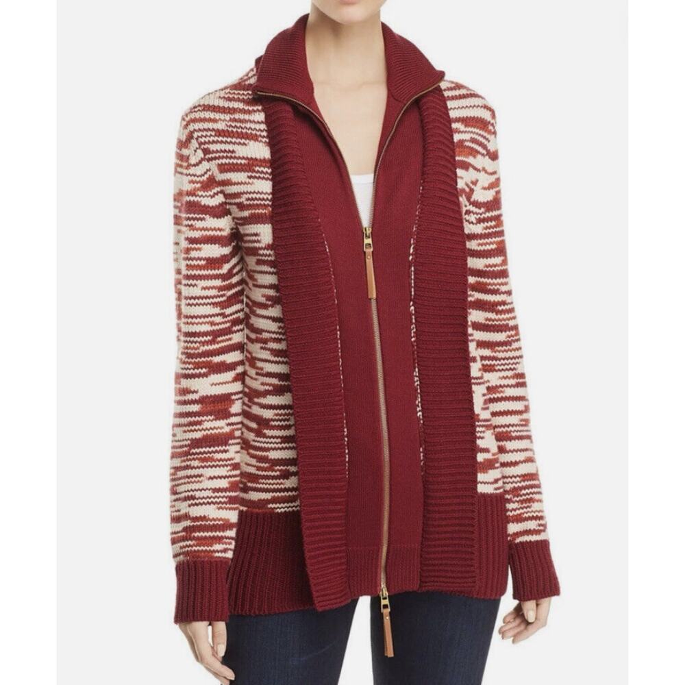 TORY BURCH Olivia Merino Wool Zip Front Cardigan Red Cordovan Women's M
